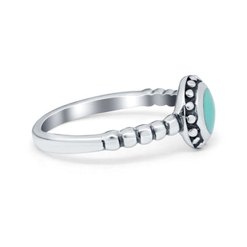 Petite Dainty Stone Oxidized Round Simulated Turquoise CZ 925 Sterling Silver